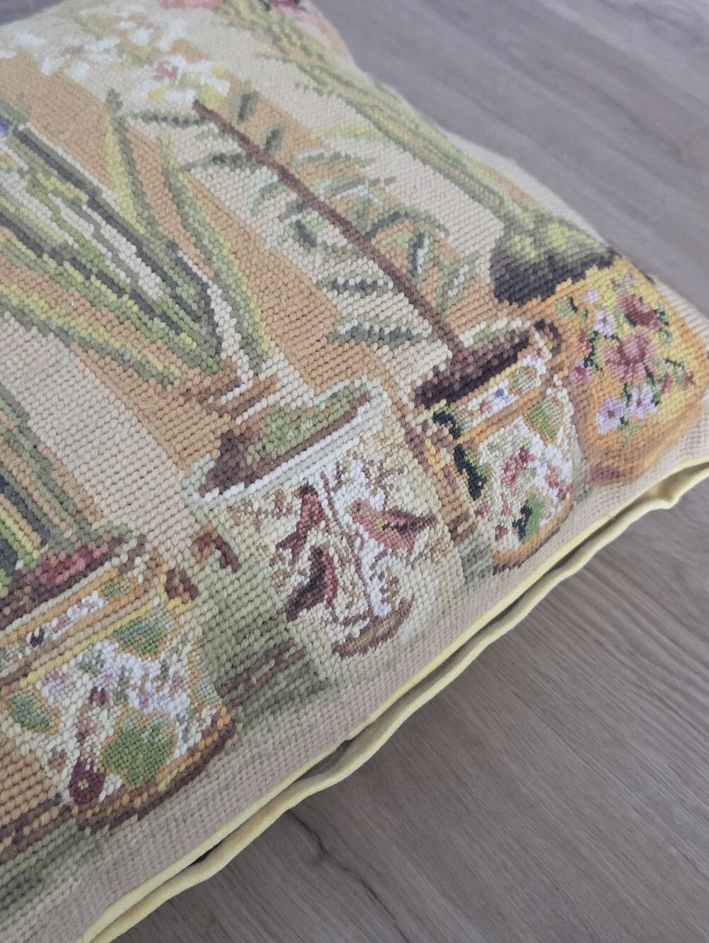 Vtg Needlepoint Pillow Wool Cotton Zipper 15x15 Cottagecore English Garden
